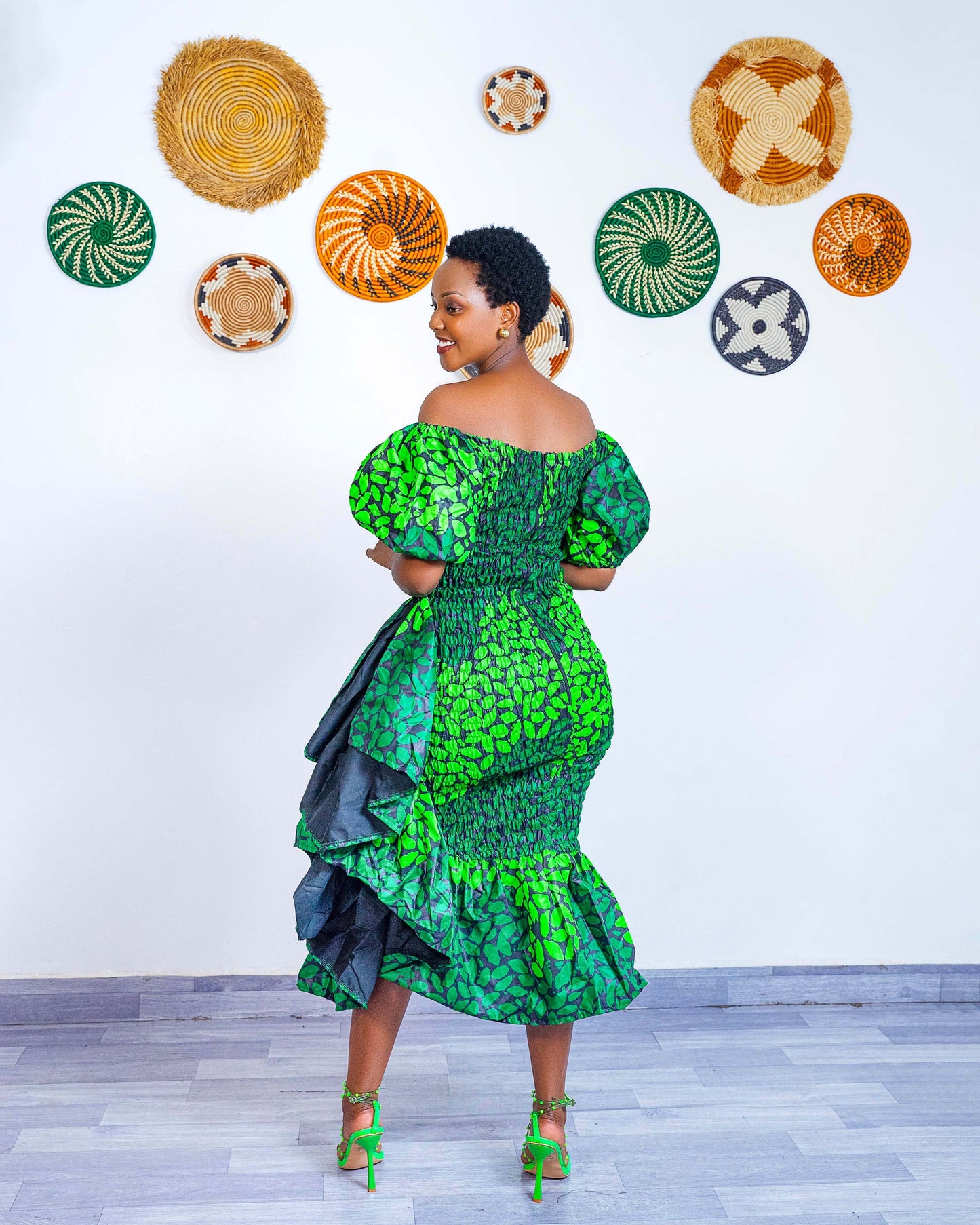 Seti Women's African Print Off-Shoulder Side Ruffle Dress - Green