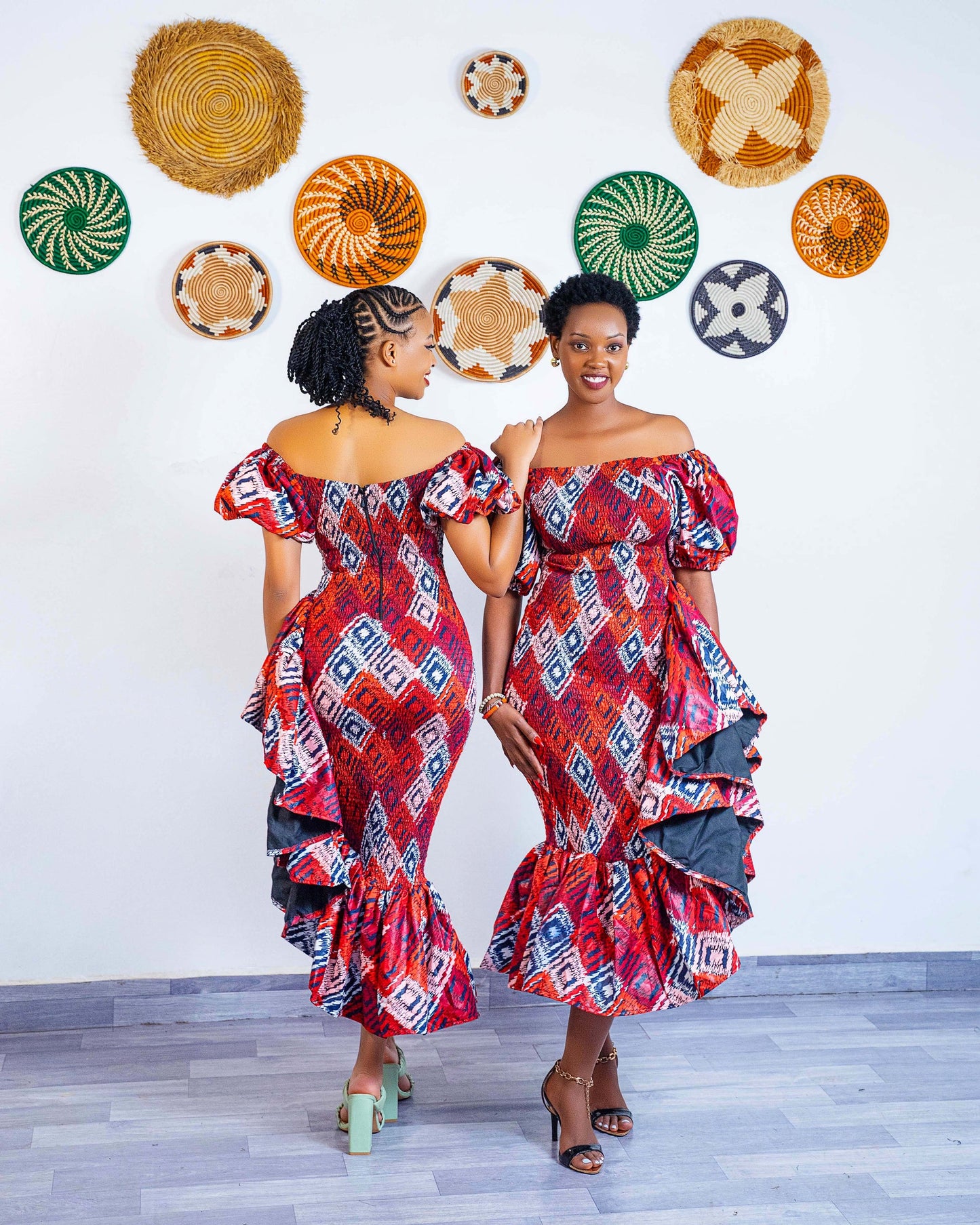 Seti Women's African Print Off-Shoulder Side Ruffle Dress - Red
