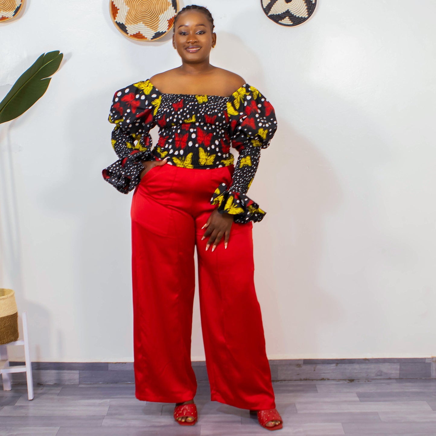 Zara Women's African Print Off-shoulder Top - Black/Red