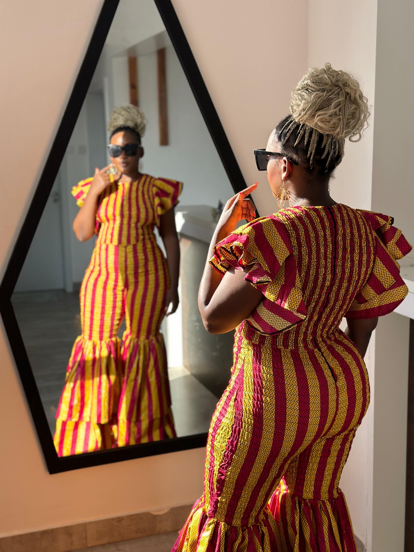 Amani Women's African Print Bell Jumpsuit- Yellow Red