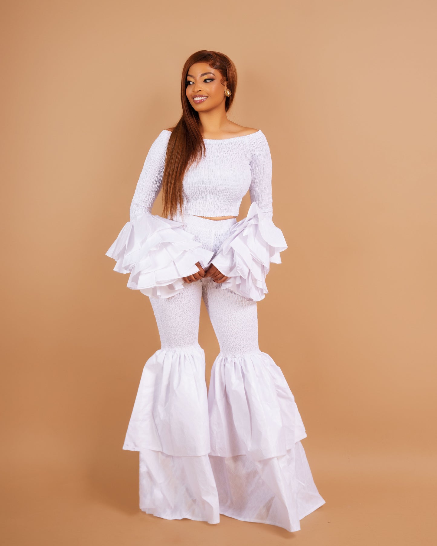 Kimi Women's African Print Bell Bottom Pants Set- White