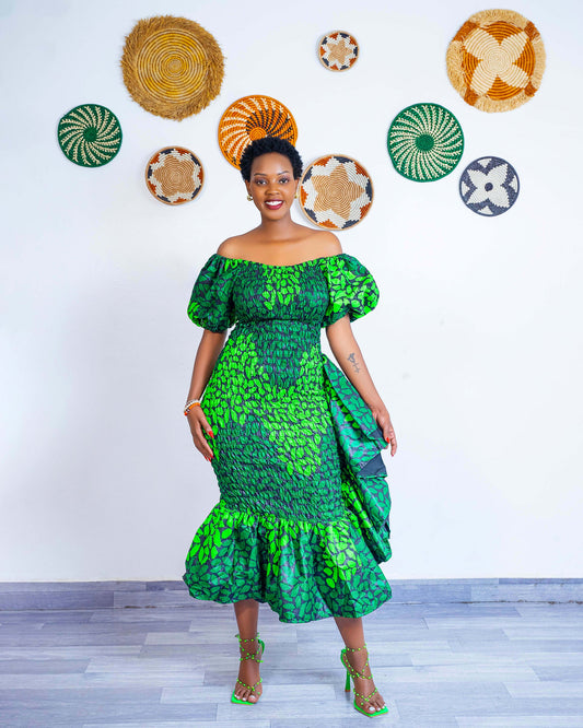Seti Women's African Print Off-Shoulder Side Ruffle Dress  - Green