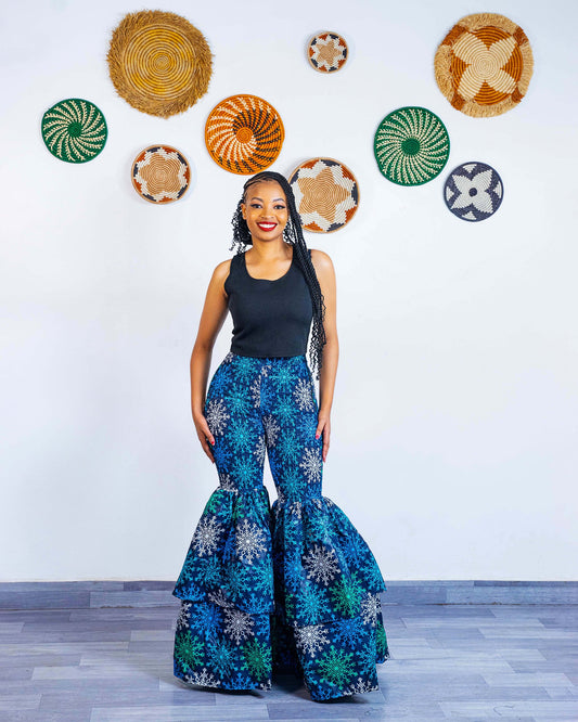 Kimi African Print Bell Bottom Pants - Light Blue
