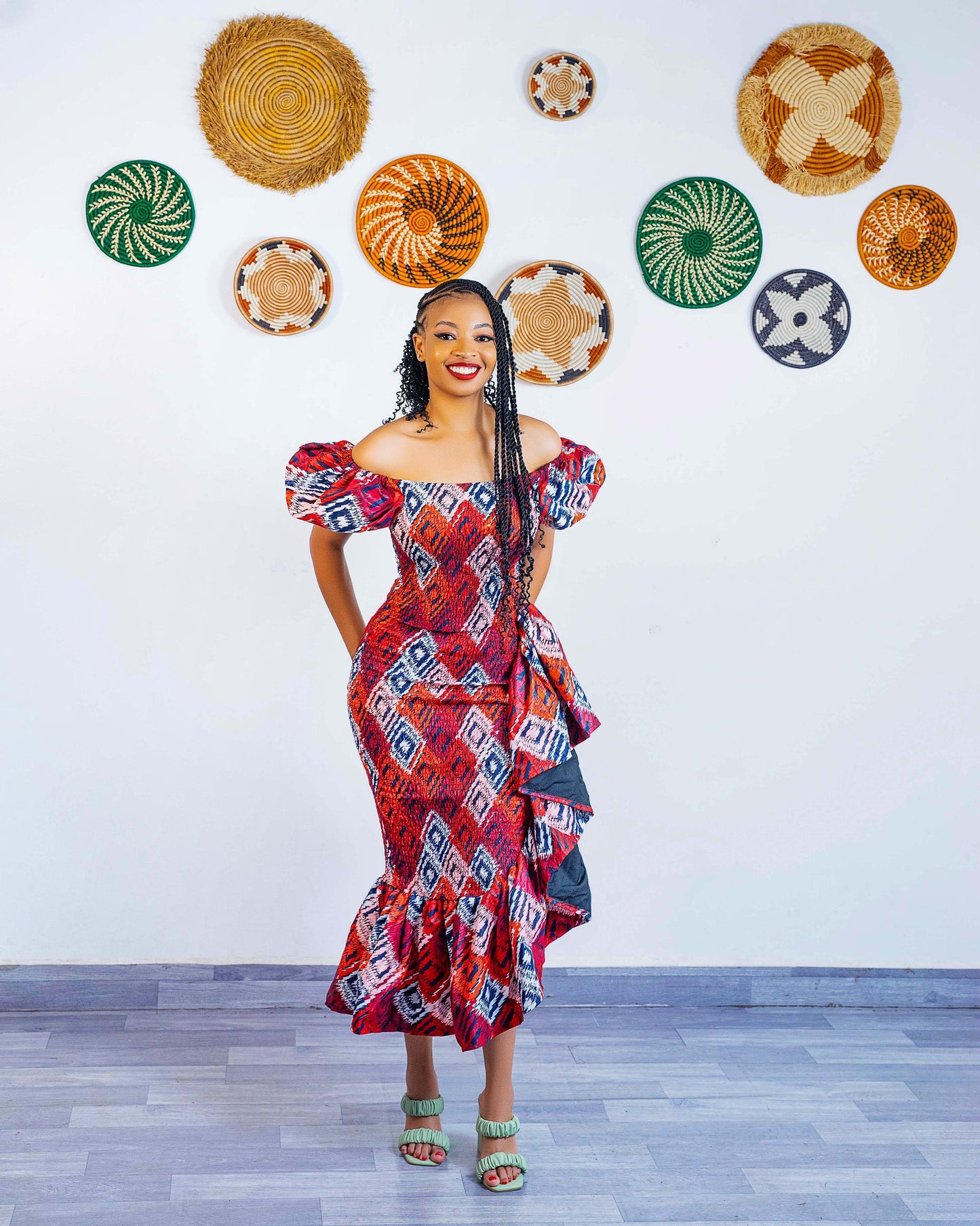 Seti Women's African Print Off-Shoulder Side Ruffle Dress  - Red