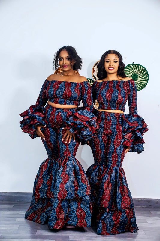 Zuri Women's African Print Top with Dramatic Sleeves - Maroon