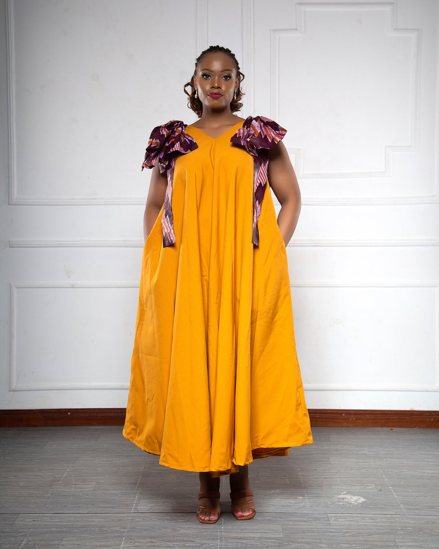 Maya Women's Free Flowing Dress with African Print Sleeves