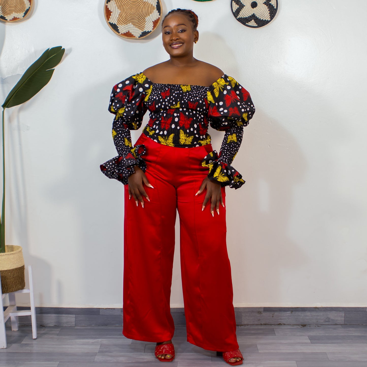 Zara Women's African Print Off-shoulder Top - Black/Red