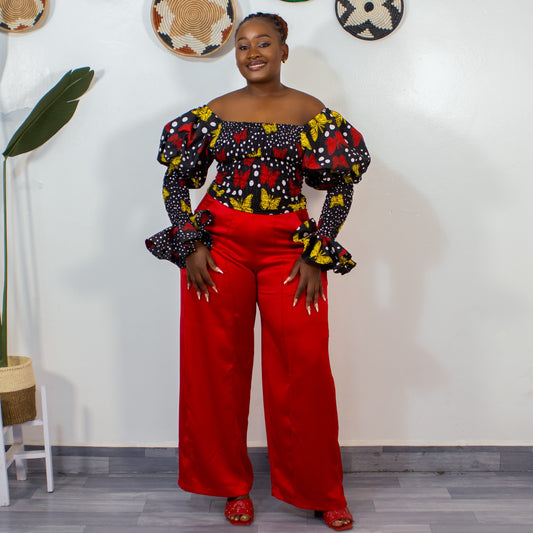 Zara Women's African Print Off-shoulder Top - Black/Red