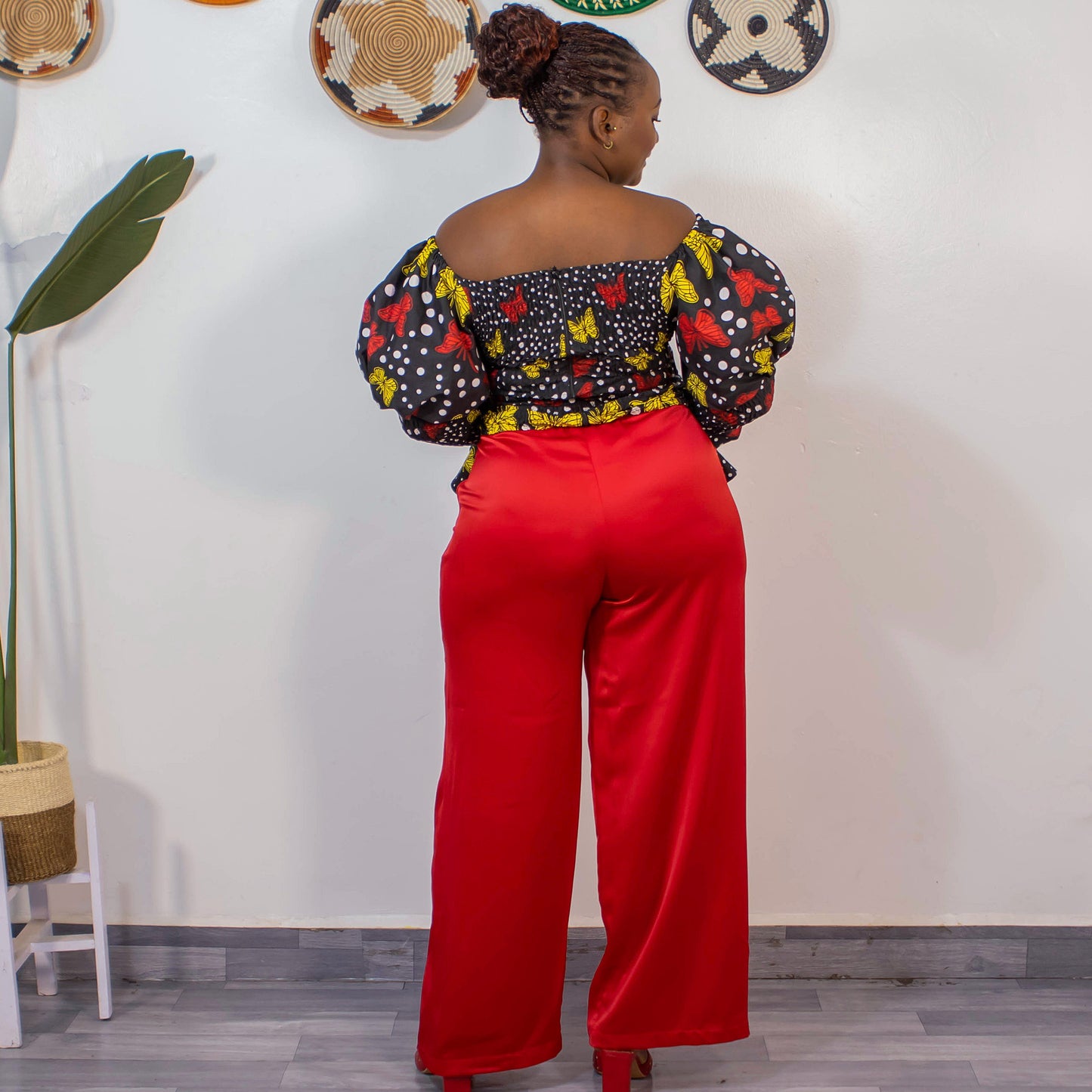 Zara Women's African Print Off-shoulder Top - Black/Red