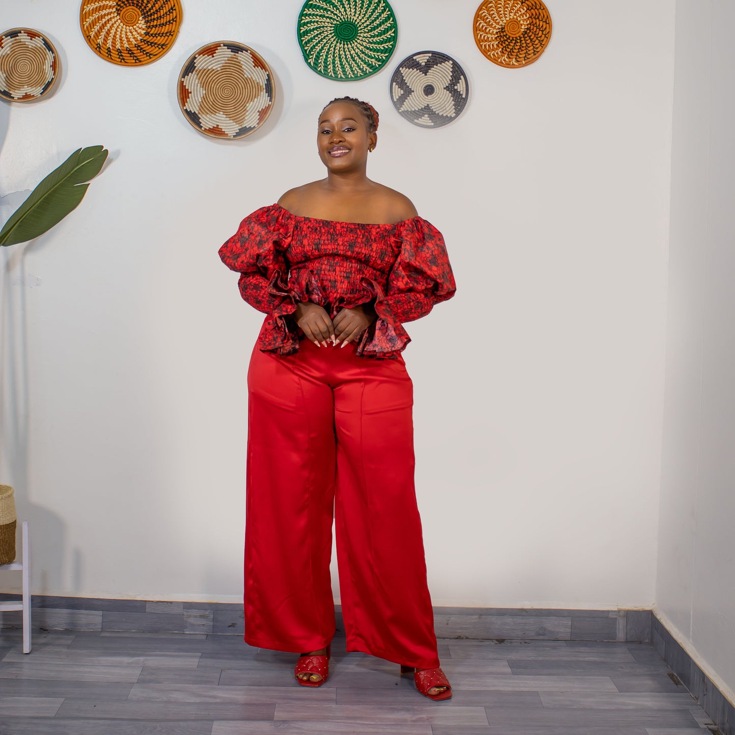 Zara Women's African Print Off-shoulder Top - Red