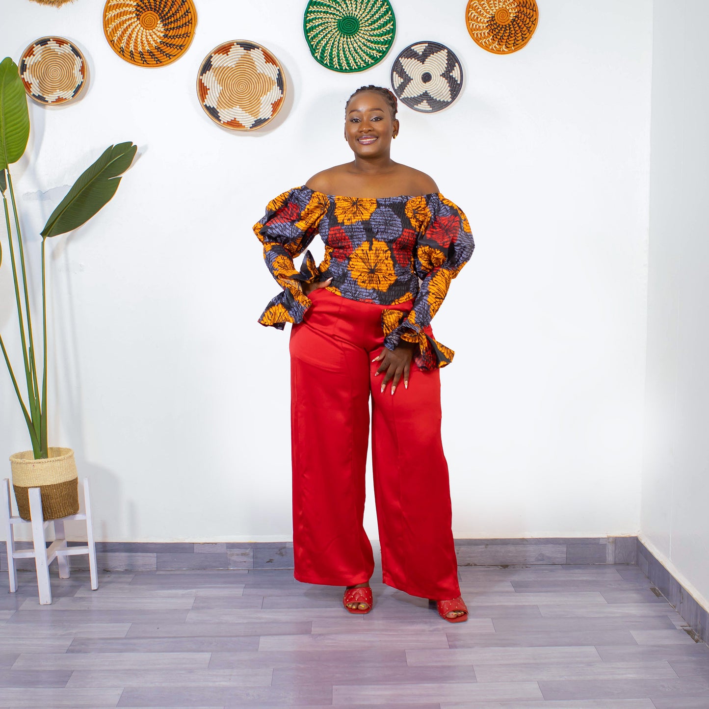 Zara Women's African Print Off-shoulder Top - Red/Orange