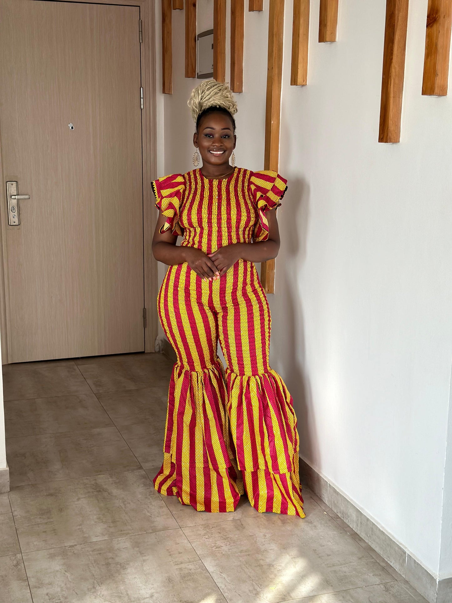 Amani Women's African Print Bell Jumpsuit- Yellow Red