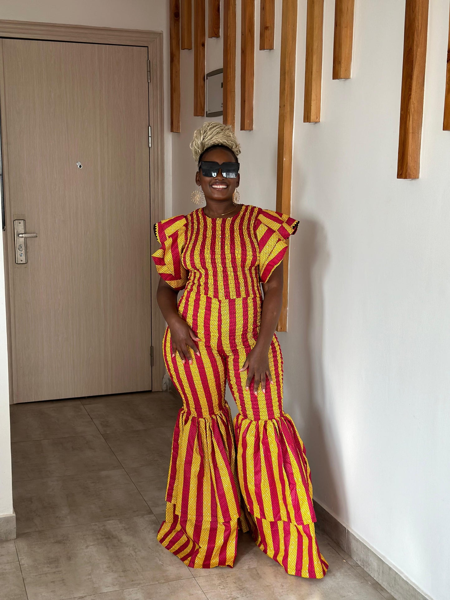 Amani Women's African Print Bell Jumpsuit- Yellow Red