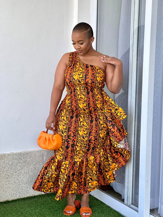 Seti Women's African Print One-hand Side Ruffle Dress  - Orange